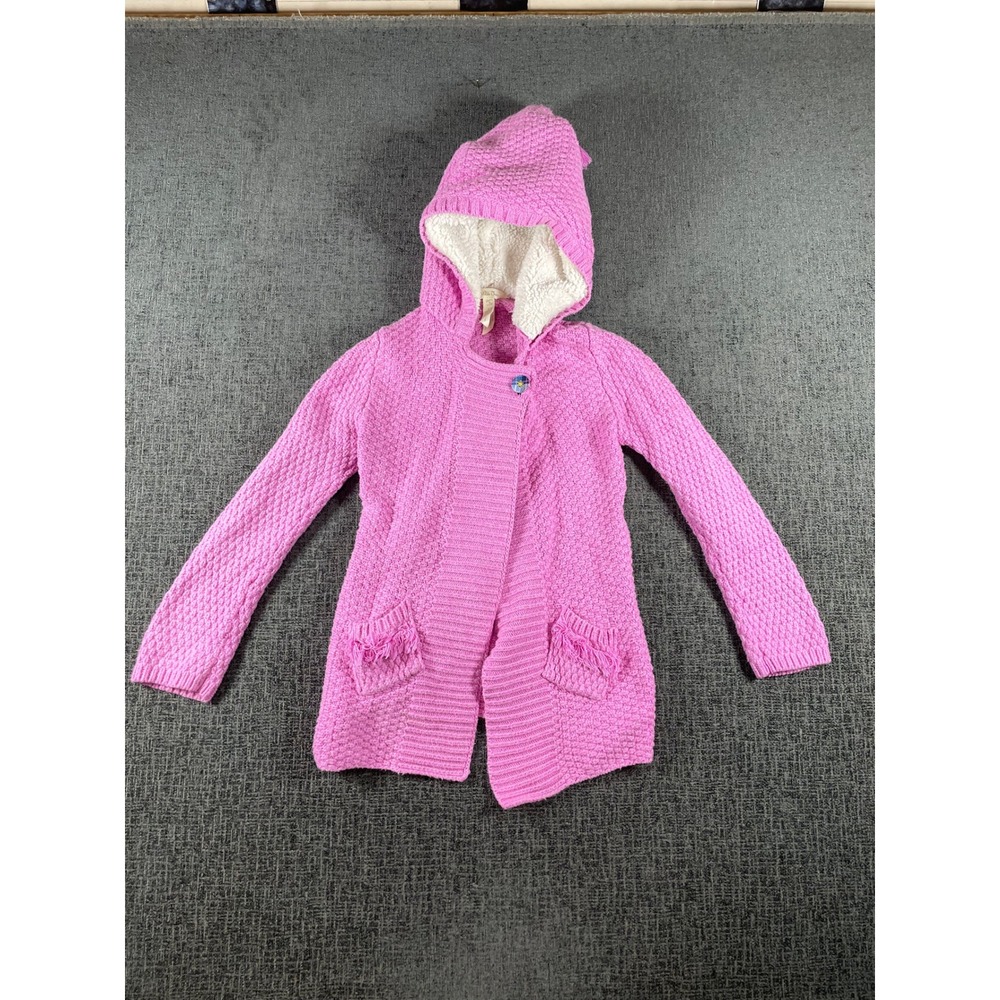 Matilda Jane Girls Pink Knit Hooded Cardigan Sweater Sherpa Lined Size 6